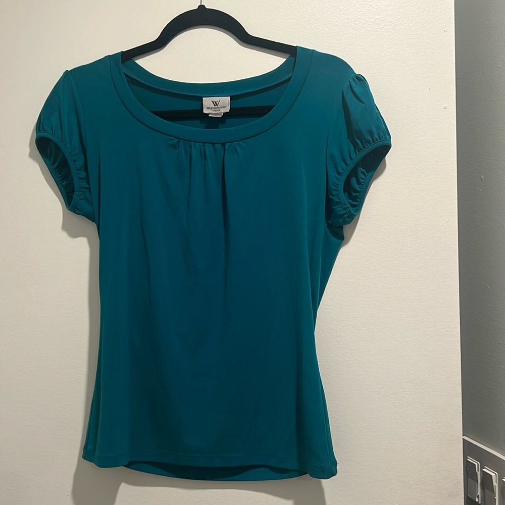 Teal Short-Sleeve Blouse with Gathered Detail